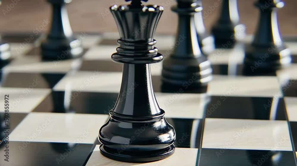 Closeup view of a black chess piece on a chessboard during an intense game, Closeup of chessboard with focus on black piece