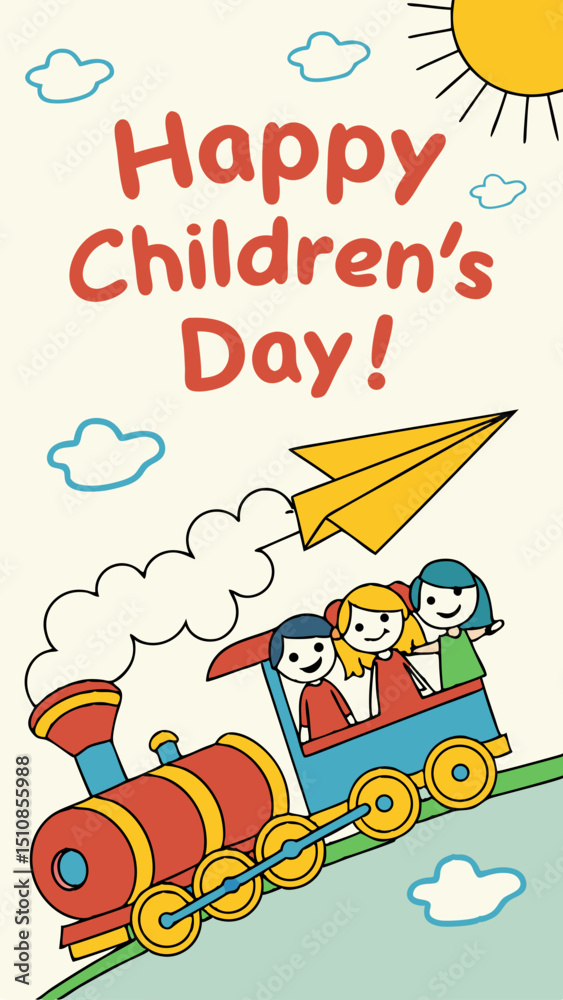 Fototapeta premium Colorful Children’s Day flyer with kids riding a bright cartoon train. Joyful sky background with sun, clouds, and paper airplane. Bold, multicolored “Happy Children’s Day” text on top.