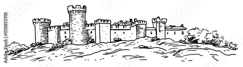 medieval fortress with tall towers and thick walls