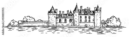 french renaissance castle with moat and towers