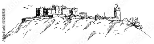 fortified castle on rocky cliff with watchtowers
