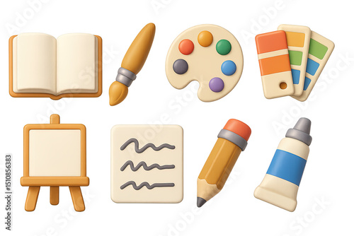 Art Tools Icon Set. 3D icons set of open art textbook with paintbrush: open pages, paintbrush tip, palette, color swatch, easel