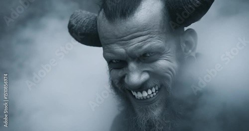 Close-up of a Devilish Figure Emerging from Smoke, Sinister Grin, Horns, Dark Fantasy