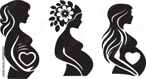  Pregnant Woman Side Profile Silhouette with Flowers