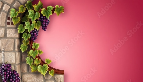 Artistic Grape Vine Arrangement on Stone Wall with Rose Background Space