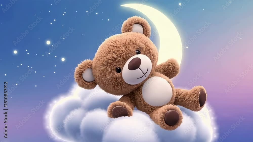 Cute teddy bear floating on glowing cloud under dreamy night sky with ...