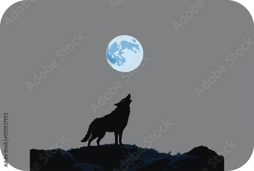 Silhouette of a Wolf Howling at the Moon on a Hilltop Vector Illustration with a Dark Grey Background and Blue Moon