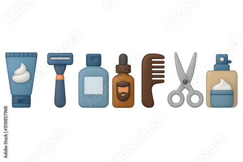 Men's Grooming Icon Set. 3D icon set of men’s grooming products: shaving cream tube, razor, aftershave bottle, beard oil, comb,