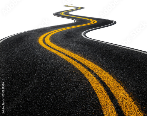 Curved road with yellow lines against a transparent background, abstract concept