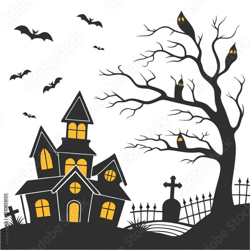 Set of silhouettes for halloween gloomy house, sinister trees, fences, graves, skulls, pumpkins and bats. Vector illustration