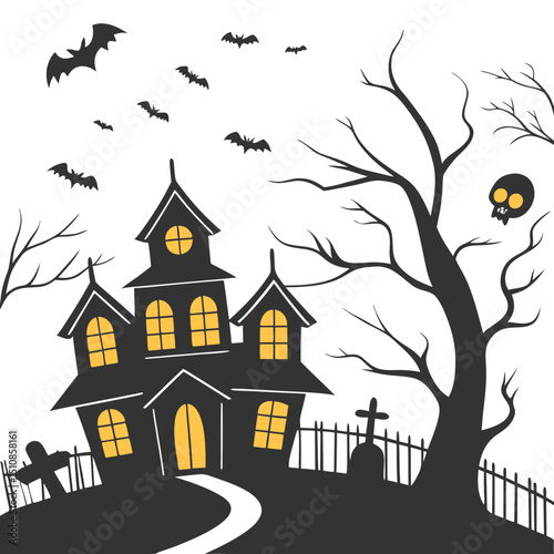 Set of silhouettes for halloween gloomy house, sinister trees, fences, graves, skulls, pumpkins and bats. Vector illustration