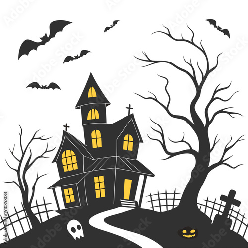 Set of silhouettes for halloween gloomy house, sinister trees, fences, graves, skulls, pumpkins and bats. Vector illustration