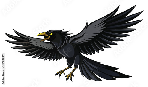 Aggressive black raven in flight illustration