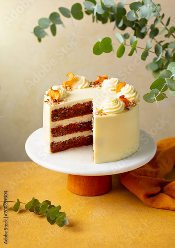 Carrot cake with cream cheese and pecan nuts. Beige and yellow background. Copy space.