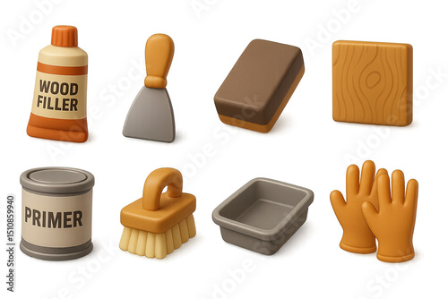 3D Wood Repair Icons. 3D icons set of wood filler and repair materials: filler tube, putty knife, sanding block, wood patch,