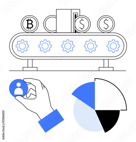Currency conversion assembly line with gear mechanisms, hand choosing user profile, segmented pie chart. Ideal for business, finance, technology, process, management, analytics and transformation