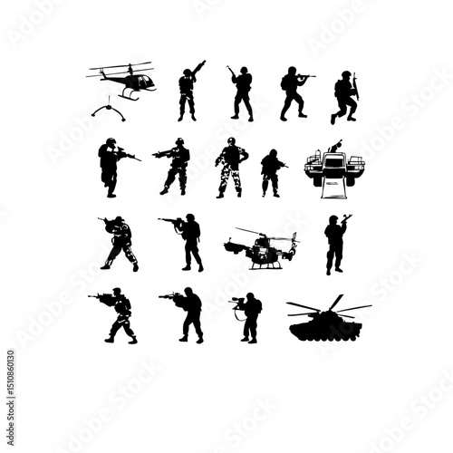 Combat Doodle Icons - Minimalist Army Drills on White Background