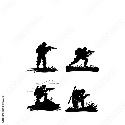 Combat Doodle Icons - Minimalist Army Drills on White Background