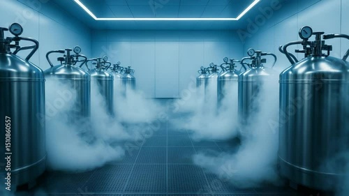 Row of cryogenic storage tanks releasing cold vapor in a high-tech laboratory, symbolizing advanced biotechnology, cryopreservation, and medical science.
