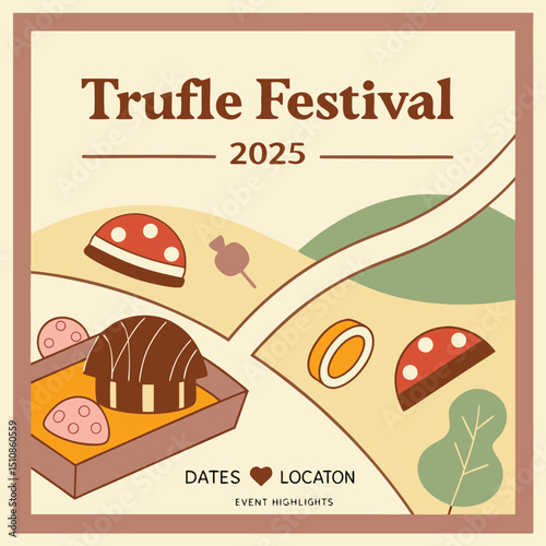 Truffle Festival 2025: An artful invitation, the image entices viewers with its graphic design, featuring truffle delicacies amidst a festive atmosphere and scenic overview.