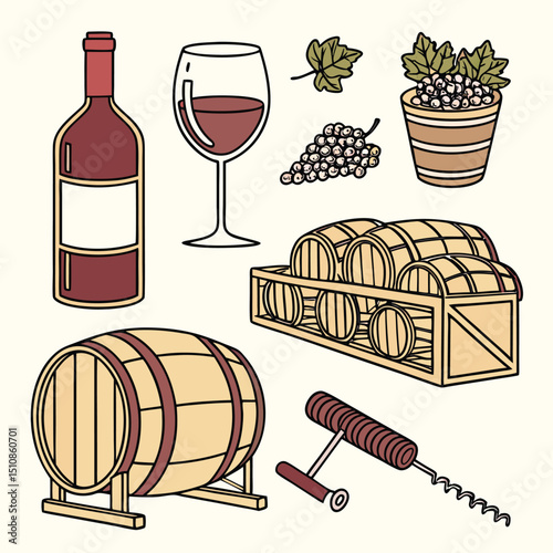 Wine Essentials: A collection of wine-related objects, including a bottle, glass, grapes, and barrels, all meticulously illustrated in a clean and modern style. 