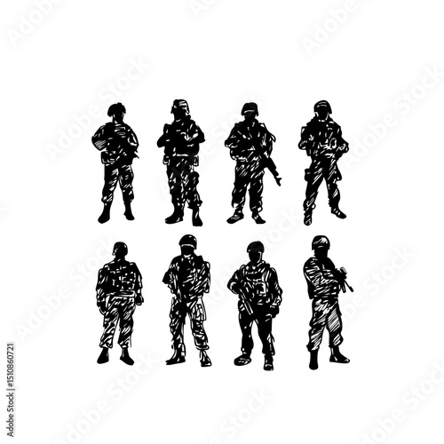 Combat Doodle Icons - Minimalist Army Drills on White Background