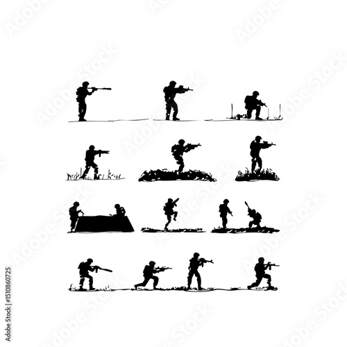 Combat Doodle Icons - Minimalist Army Drills on White Background