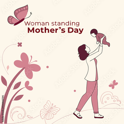 Mother's Day joy: A heartwarming graphic depicts a woman joyfully lifting her child in celebration of Mother's Day, surrounded by whimsical floral elements.