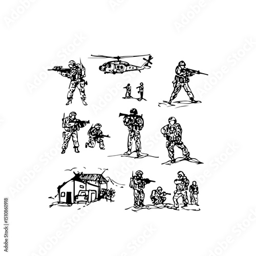 Combat Doodle Icons - Minimalist Army Drills on White Background