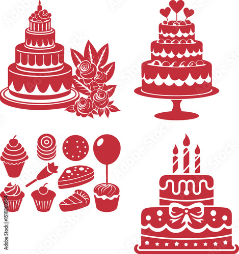 Cute seamless pattern of cartoon cupcakes and cakes with sweet decorations in a vector illustration