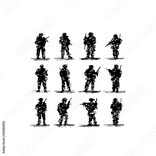 Combat Doodle Icons - Minimalist Army Drills on White Background