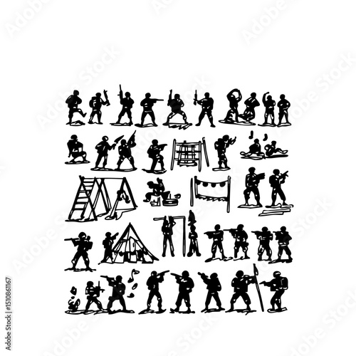 Combat Doodle Icons - Minimalist Army Drills on White Background