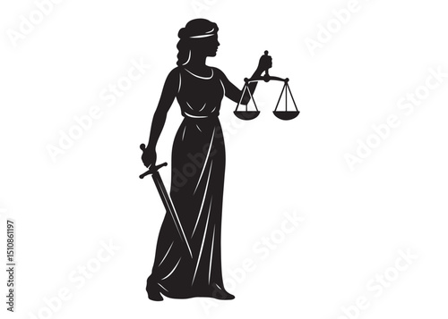 justice scales lady logo silhouette vector, lady justice logo  icon silhouette, woman holding scales of justice silhouette lady lawyer logo design vector illustration silhouette on a white background 