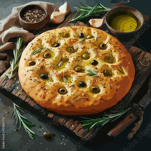 Freshly baked focaccia bread topped with olives and rosemary on a rustic wooden board