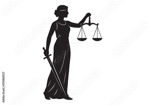 justice scales lady logo silhouette vector, lady justice logo  icon silhouette, woman holding scales of justice silhouette lady lawyer logo design vector illustration silhouette on a white background 