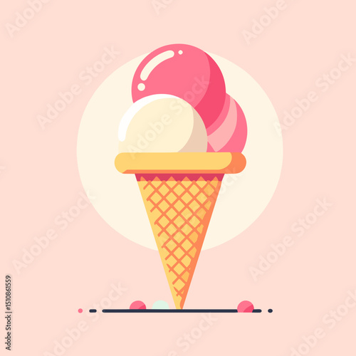 Delicious ice cream cone with three scoops in strawberry and vanilla flavors on a pastel background