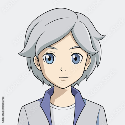 Anime-Style Portrait: A close-up anime-style illustration of a young individual with striking gray hair and bright blue eyes, embodying youthful charm.