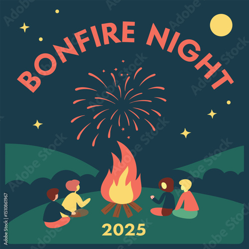 Bonfire Night Gather: An illustration that transports viewers to a heartwarming scene of a communal gathering around a bonfire on a clear night under the twinkling stars.