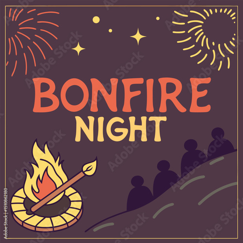 Bonfire Night Celebration: A vibrant illustration captures the essence of Bonfire Night with a blazing bonfire, sparkling fireworks, and silhouettes of people gathering to enjoy the festivities.
