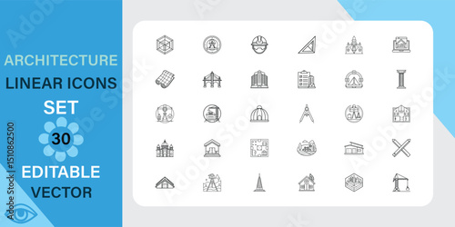 Architecture linear icons set. Construction, engineering, drawing and more. Outline vector icon in linear style. Editable stroke. Vector illustration.