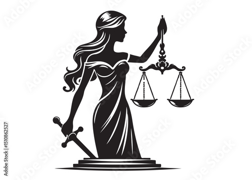 justice scales lady logo silhouette vector, lady justice logo  icon silhouette, woman holding scales of justice silhouette lady lawyer logo design vector illustration silhouette on a white background 