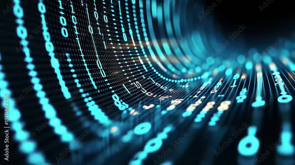 Digital matrix background featuring glowing blue data streams and numbers in a futuristic design, Animated background in digital matrix style with cascade of blue binary numbers on black background