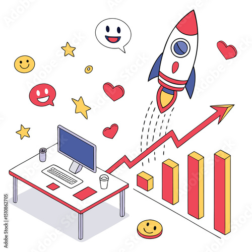 Launchpad of Progress: A dynamic illustration showcasing the trajectory of growth, featuring a rocket soaring towards the sky, accompanied by a rising graph and assorted cheerful emoticons.