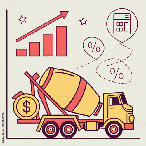 Concrete Mixer Truck: A creative depiction of a concrete mixer truck integrated with financial and growth symbols, illustrating concepts of construction investment and economic progress.