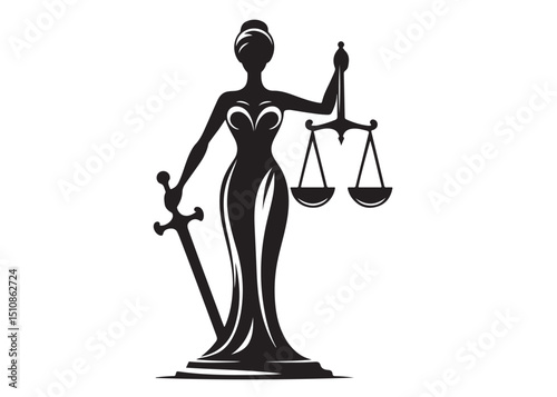 justice scales lady logo silhouette vector, lady justice logo  icon silhouette, woman holding scales of justice silhouette lady lawyer logo design vector illustration silhouette on a white background 