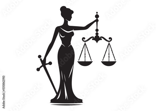 justice scales lady logo silhouette vector, lady justice logo  icon silhouette, woman holding scales of justice silhouette lady lawyer logo design vector illustration silhouette on a white background 