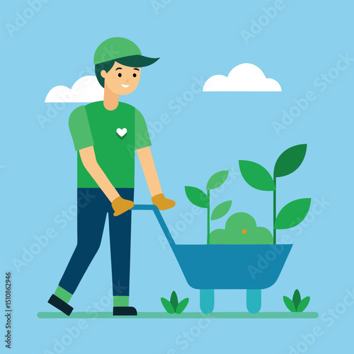 Environmental care poster. Young eco volunteer with a wheelbarrow full of seedlings