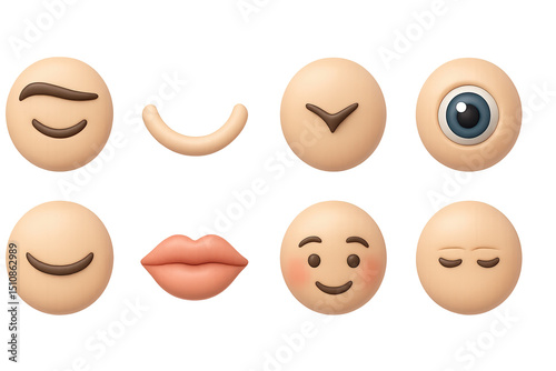 3D Facial Icons Set. 3D icons set of facial expression recognition: raised eyebrow, smile curve, frown line, wide eye, closed eye,