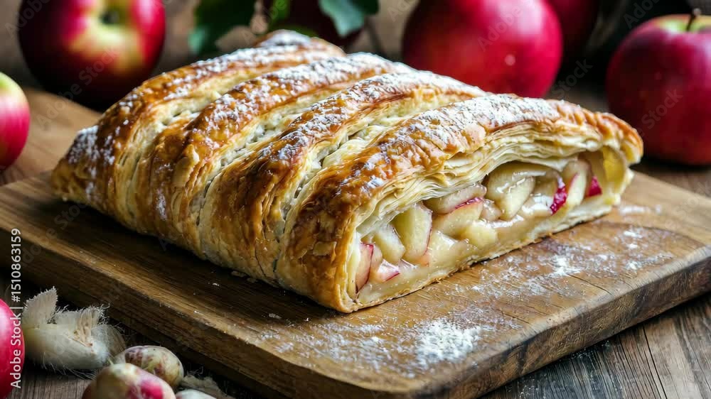 Freshly baked apple strudel resting on a wooden cutting board with red apples in the background, Freshly baked apple strudel on wooden cutting board with apples in background