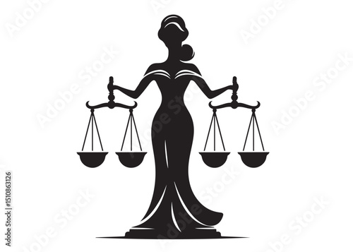 justice scales lady logo silhouette vector, lady justice logo  icon silhouette, woman holding scales of justice silhouette lady lawyer logo design vector illustration silhouette on a white background 